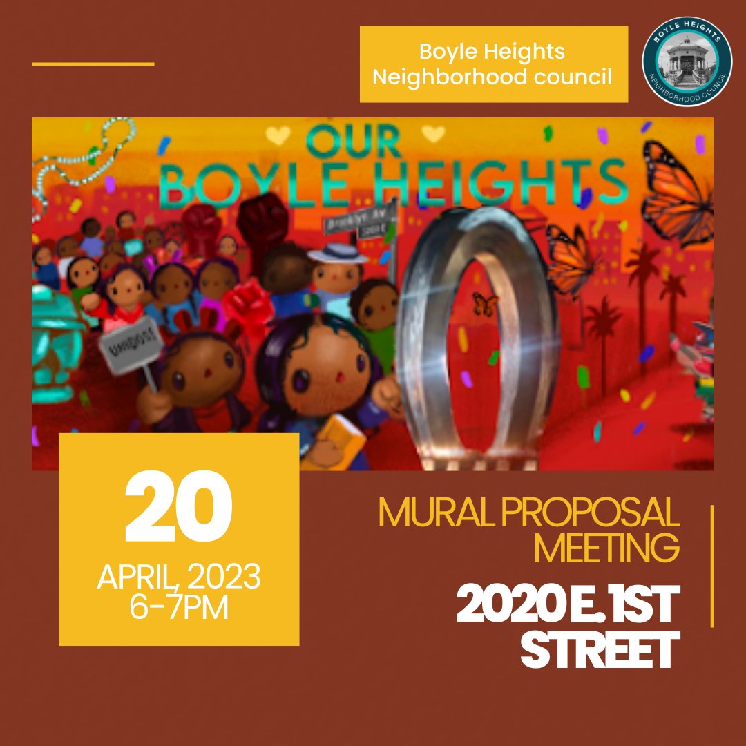 Join community art leaders this Thursday, April 20, to discuss the proposed 2020 E. 1st Street mural!

¡Únase con líderes de la comunidad artistica este jueves, el 20 de Abril, para discutir el mural propuesto de 2020 E. 1st Street!