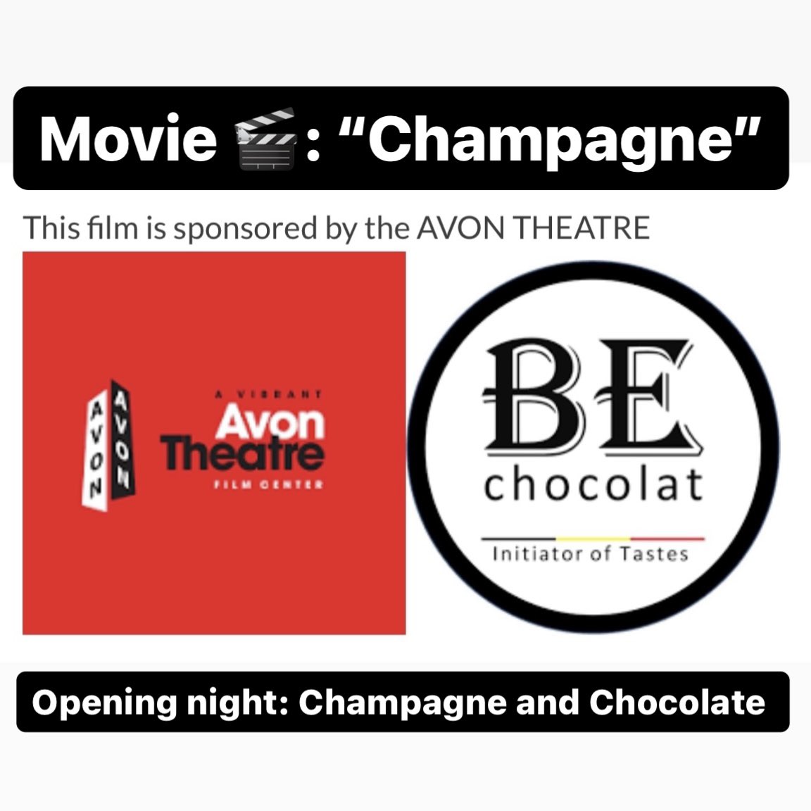 Be_Chocolat's tweet photo. BE Focus 🎥 Opening April 20th, #movie Champagne!

We support #culture with @Tweet_FFC /Alliance Française #Greenwich 

Program opening #Champagne #chocolate 

Other movies: 
@BelgiumintheUSA @AWEXAmericas @BelChamUSA 
Let’s Get Lost 🇧🇪

@QuebecNewYork Niagara 🇨🇦 

Bon cinéma! https://t.co/aY9V63bFEK