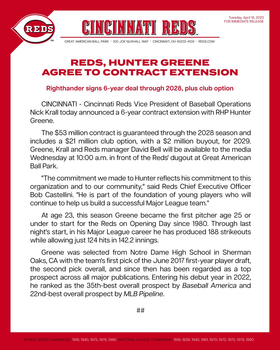 Reds's tweet photo. Details on Hunter Greene's extension ⤵️ https://t.co/hx0bS775YZ
