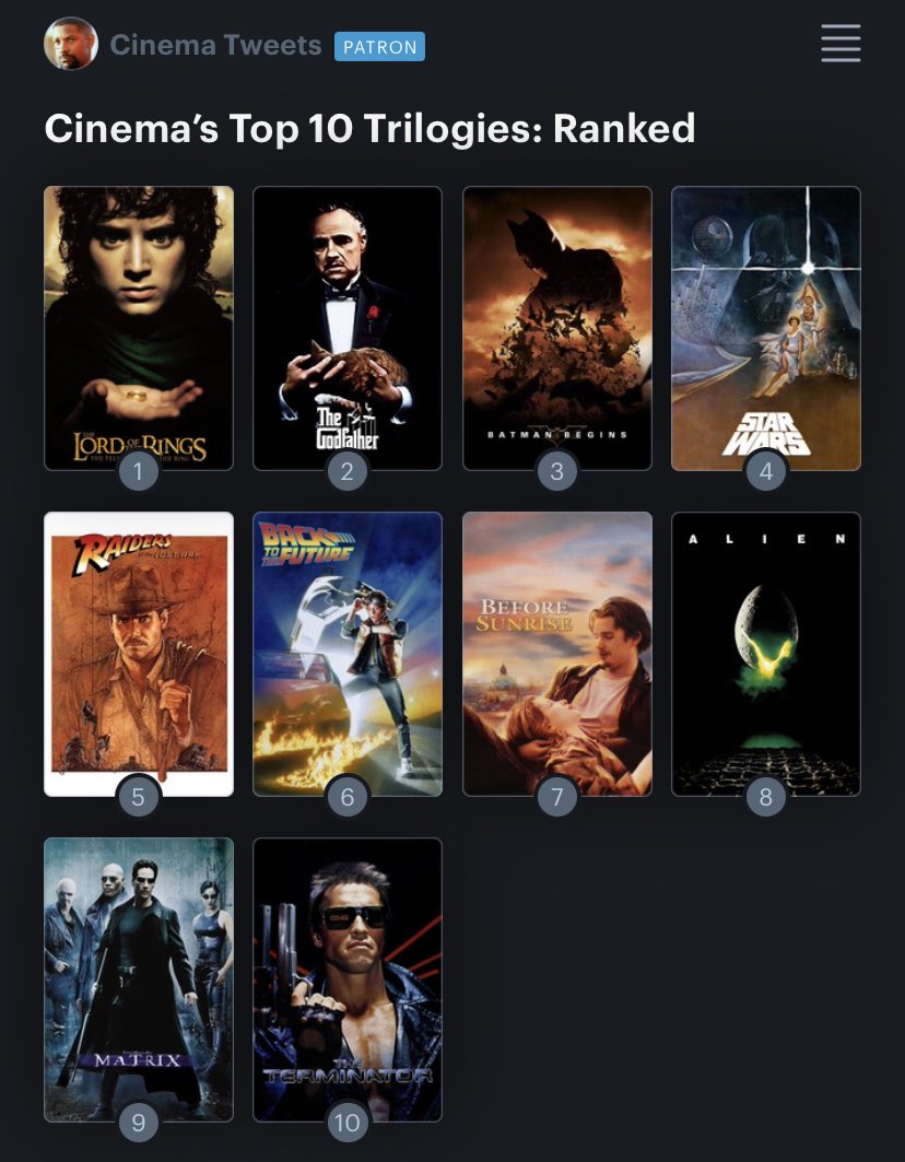 CinemaTweets1's tweet photo. Cinema’s Top 10 Trilogies: Ranked https://t.co/5IyNAsY338