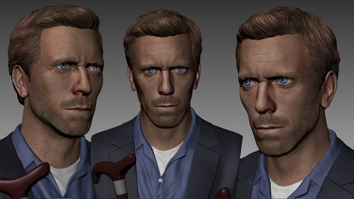 Henri_Froes's tweet photo. Turning digital clay into skin!🤩 Texturing work on Dr Gregory House model, main character of the old tv show #drhouse . Private comission for a #3Dprinting statue! It won't take much longer to finish it!🙌🏼🥰 #hughlaurie #3d #sculputure #portrait #zbrush #cg #3Dartist https://t.co/RFdNcYvrLb
