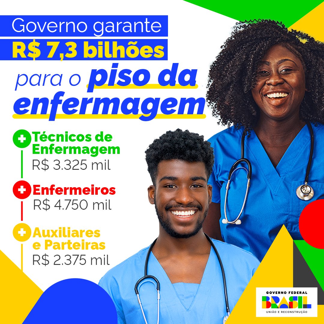 govbr's tweet photo. Projeto de lei assinado nesta terça-feira (18) pelo presidente Lula abre crédito especial no valor de R$ 7,3 bilhões em favor do Ministério da Saúde para incluir no orçamento da pasta o pagamento do piso nacional da enfermagem.
Segue o 🧶 https://t.co/fYuiwYbHZ4