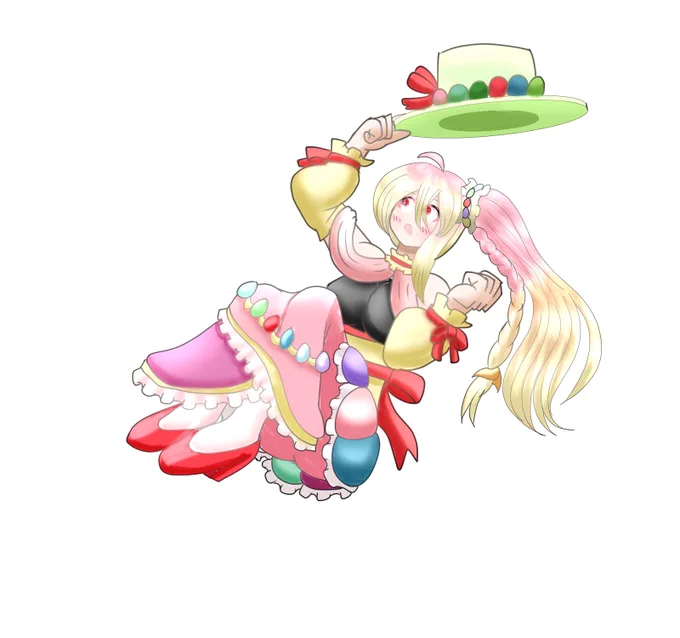 おはなのねん!はールサメの進捗!変わり過ぎてうちの子かどうかも分からなくなってるけどうちの子です(うちの子は頭に乗せた花により髪の毛の色が変わるという忘れ去られた設定 