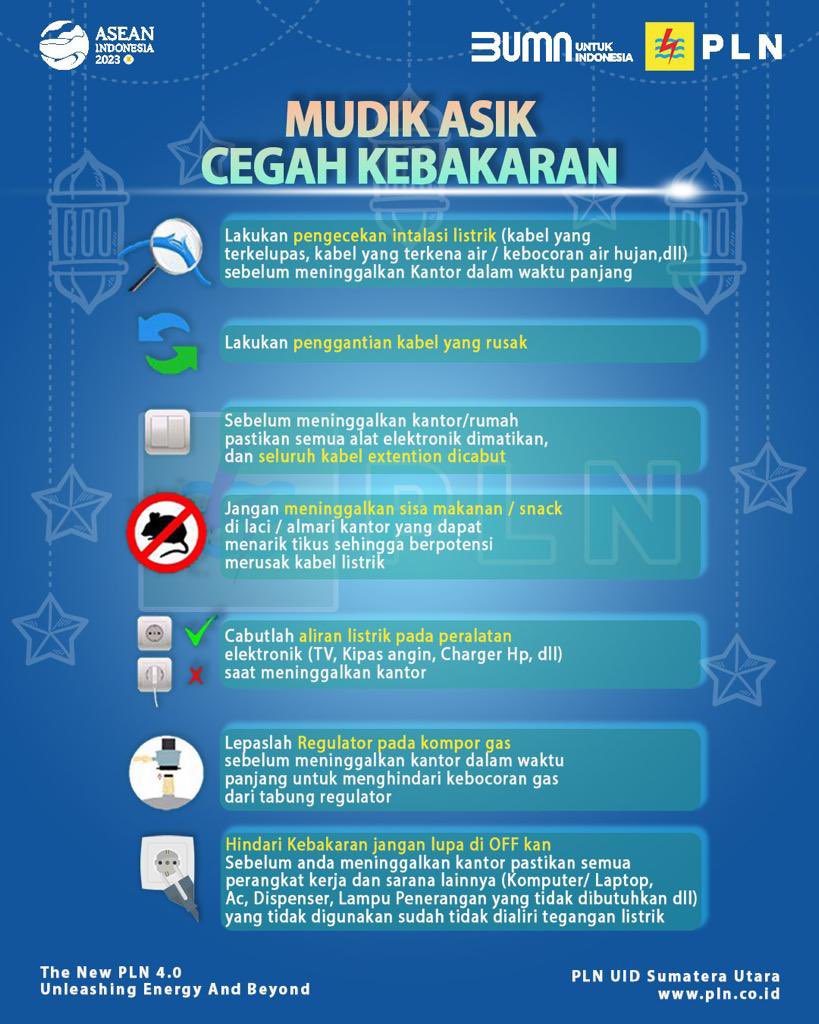 radaidris08's tweet photo. Agar perjalanan mudik kali ini lebih tenang dan nyaman, yuk simak tips Mudik Asik Cegah Kebakaran dari PLN UID Sumatera Utara.
#PLNUntukIndonesia
#TipsPLN
#UnleasingEnergyandBeyond
#PLNMobile https://t.co/0zLQzpm6j7