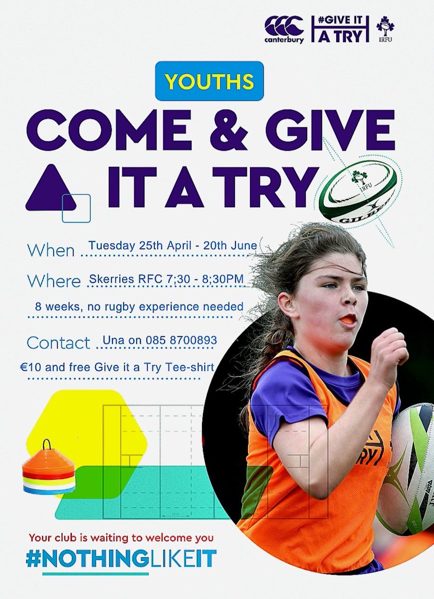 skerriesrugby's tweet photo. @skerriesrugby are delighted to run again this spring/summer the @IrishRugby @canterburyNZ #giveitatry programme. Open to all girls aged 10 - 14yrs. No rugby experience is needed. Starting  Tuesday 25th April. Contact Una on 085 8700893 to register your interest. #NothingLikeIt https://t.co/NBs6tgFJdq