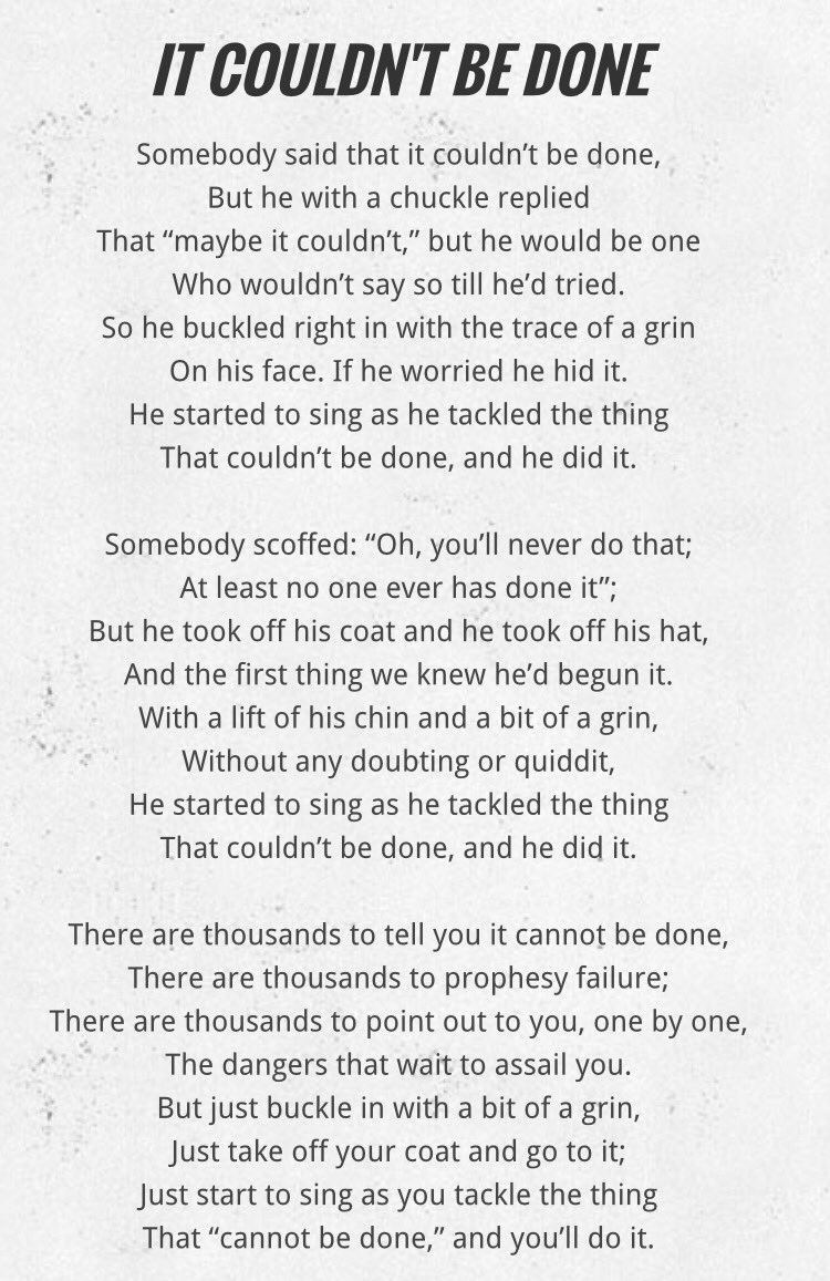 Do you have a favourite poem?
I have read so many over the years, from war poetry, and short rhymes, to fellow Scot, Robert Burns. However, the one poem that has stuck with me is 'It Couldn't Be Done' by Edgar Albert Guest.
(image with thanks to Sharon RM on Twitter)