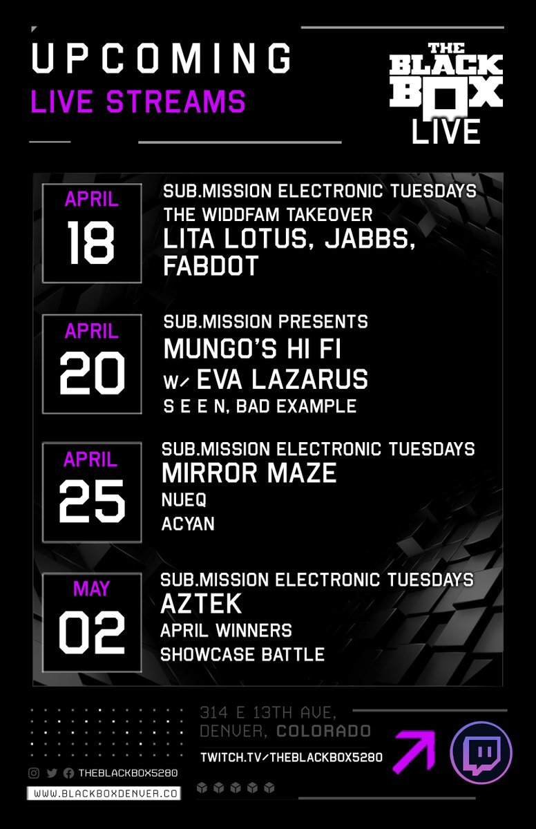 Upcoming streams on #TheBlackBoxLIVE

Tune in for FREE no matter where you are located!

FOLLOW our page to be notified anytime we go live:
twitch.tv/theblackbox5280