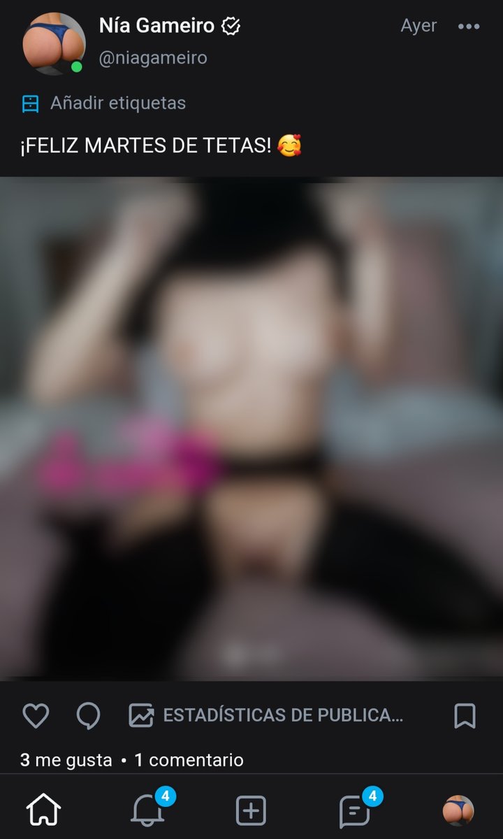 Feliz #martesdetetas a todos! 🥰
Ah, ¿la foto no se ve bien? 🤔
Te daré una pista donde puedes encontrarla 😜
onlyfans.com/niagameiro 😈

PD: Pregúntame por privado como puedes unirte gratis, sin trampa! 🤫