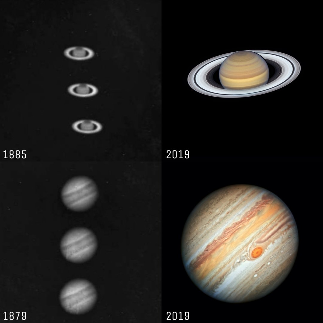 🌌📸 A remarkable journey through time: from the first images of Saturn captured by the Henry brothers in the 1885 and the first image of Jupiter by Agnes Mary Clerk, to the stunning 2019 Hubble shots of these gas giants! 🪐💫