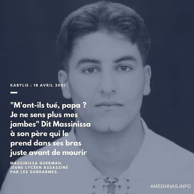 pagekabyle's tweet photo. Une pensée à Massinissa Guermah assassiné par la gendarmerie algérienne, le 18 avril 2001 et aux 127 victimes du printemps noir 2001 en Kabylie. 
Non à l'oubli.
Non à l'impunité.
Justice et vérité. https://t.co/yLCuY2TcMm