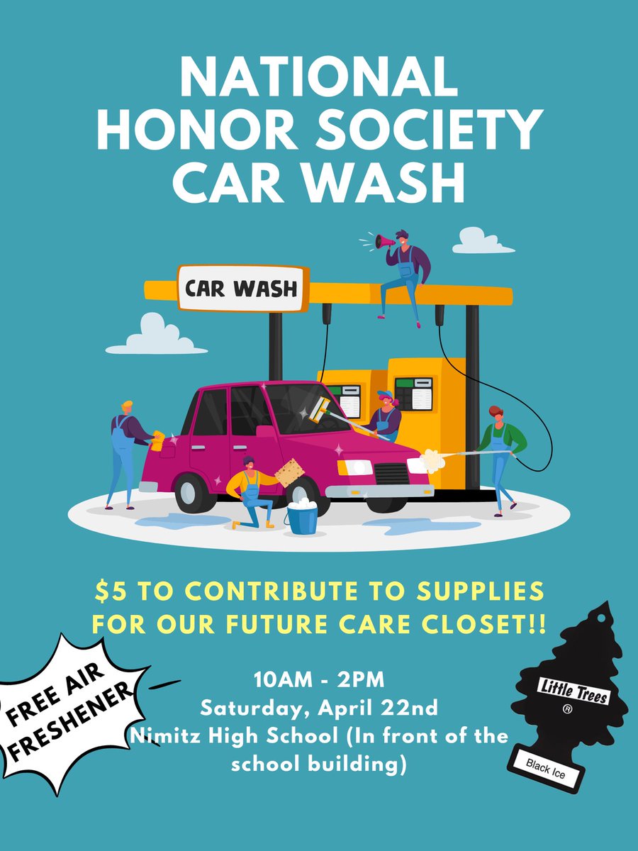 HonorNimitz's tweet photo. JOIN US THIS SATURDAY AS THE NIMITZ NATIONAL HONOR SOCIETY WILL HAVE A CAR WASH  IN SUPPORT OF THE NIMITZ CARE CLOSET!!! https://t.co/hCX92P4msB
