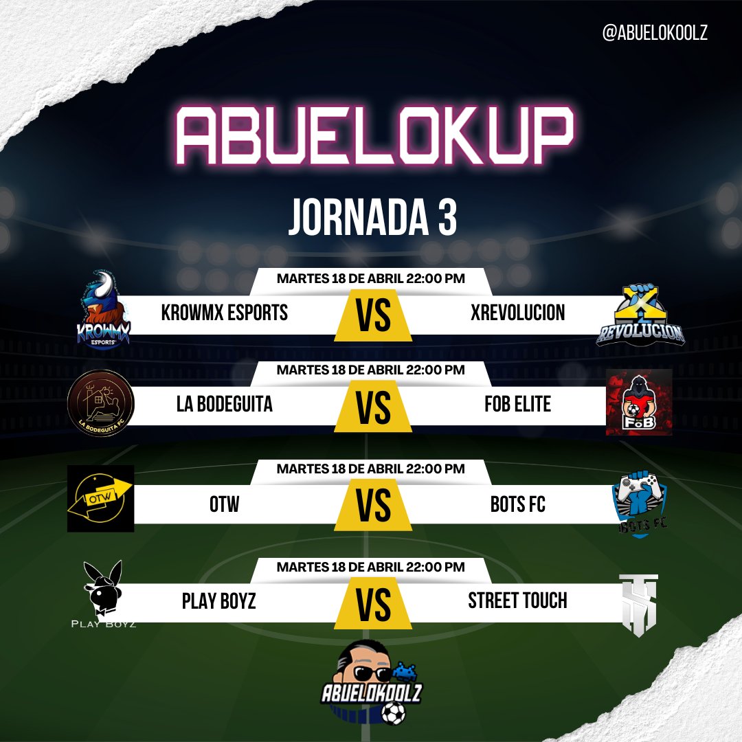 AbueloKoolz's tweet photo. 💜Jornadas 3 y 4 de la AbueloKup

💜Hoy 9:45pm la previa -> Abuelokoolz https://t.co/0xYFX0jYLT