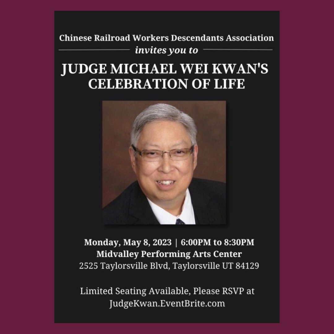 refugeeSLC's tweet photo. Join us as we celebrate Judge Michael Wei Kwan's Celebration of Life on Monday, May 8th who passed away at home on July 21, 2020. Judge Kwan was an active member of the Asian American community in Utah, and was serving as Board Chair for the Asian Association of Utah at the... https://t.co/pELbzLfqNe