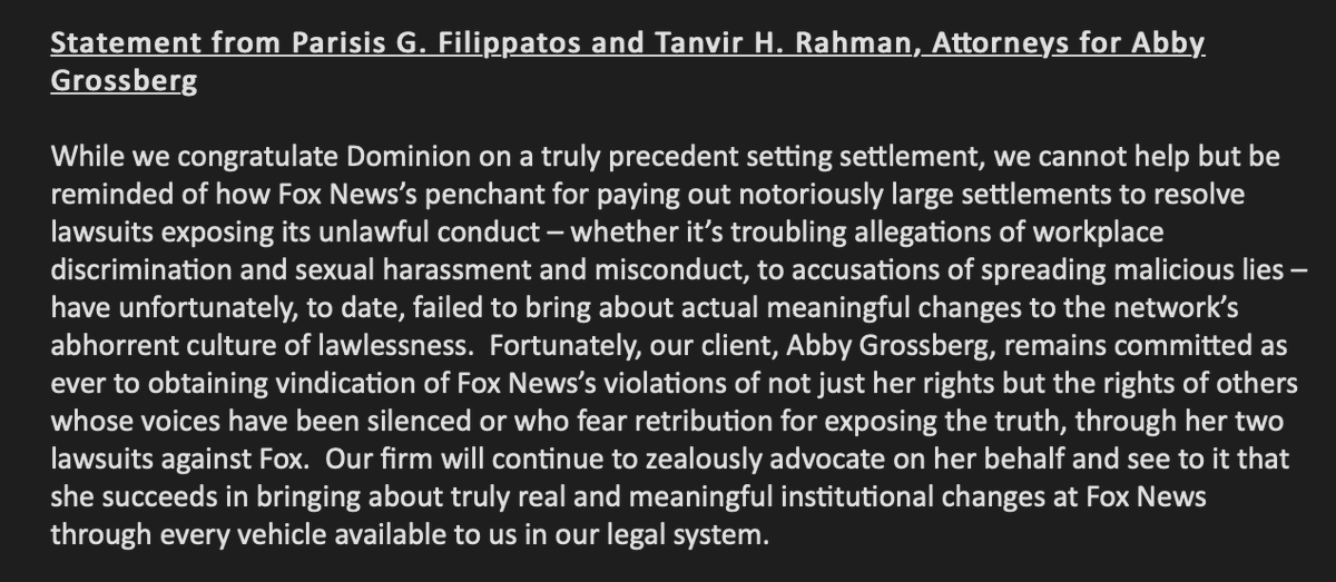 oliverdarcy's tweet photo. Statement from Abby Grossberg attorneys: "While we congratulate Dominion on a truly precedent setting settlement ... Fox News’s penchant for paying out notoriously large settlements to resolve lawsuits ... have unfortunately ... failed to bring about actual meaningful changes..." https://t.co/ibSj3U7OyM