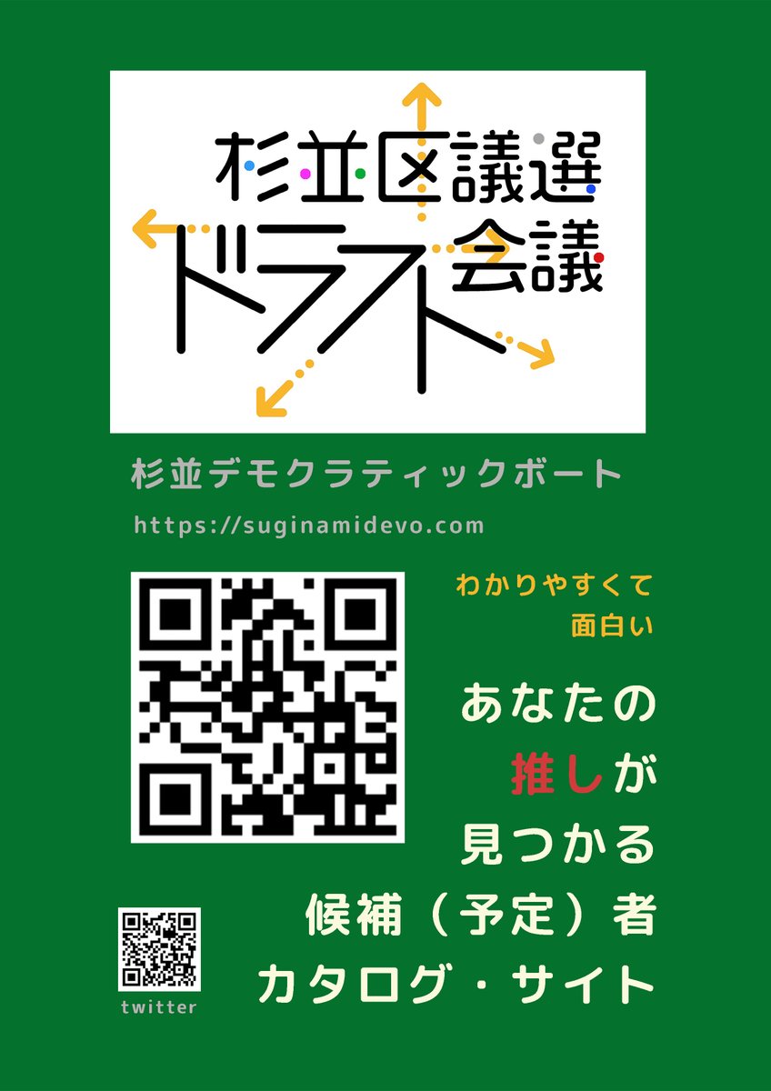 suginami_d_vote's tweet photo. 1/４）
杉並区議会議員選挙
投票日は4/23
あなたの推しが見つかるサイト
#杉並区議選ドラフト会議
https://t.co/cZ2ONTSTvk
昨夜はアクセス集中でサーバーをアップグレードしなければならないことに。

#杉並区議選　#杉並区議会議員選挙 #統一地方選挙 https://t.co/JKVrIYtTut
