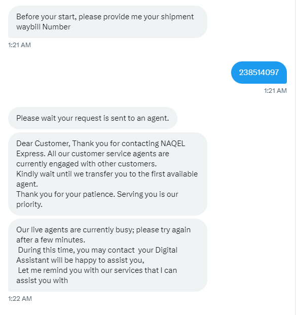 Gamer0031's tweet photo. @NaqelExpr Already tried multiple times with no luck. Agents are always busy. https://t.co/YO51Mb8sJd