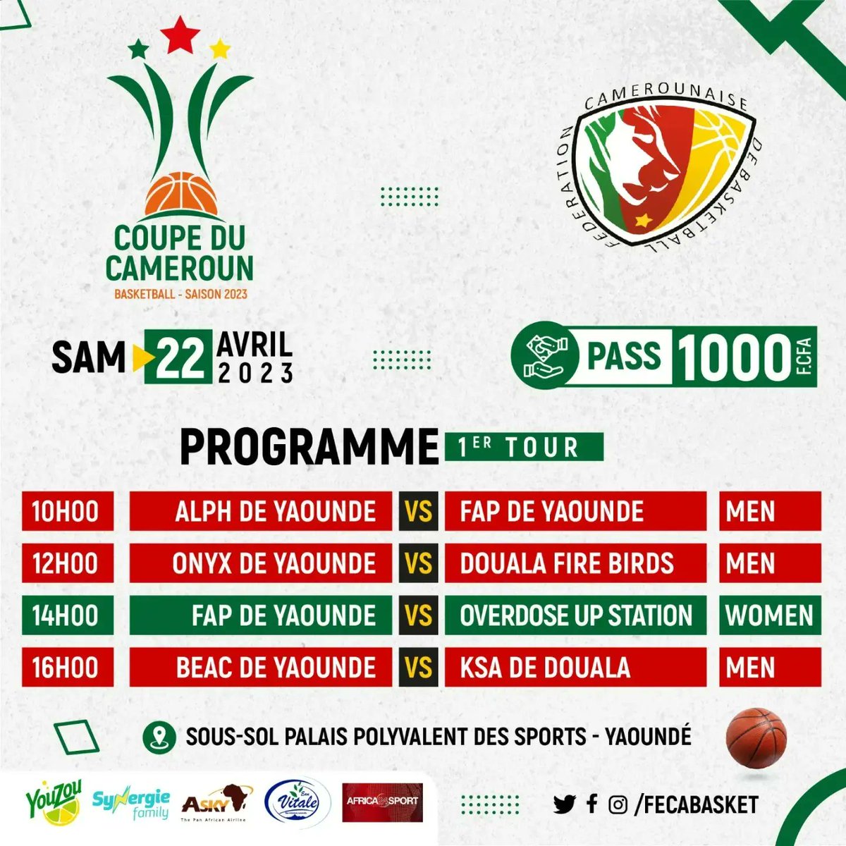 FECABASKET's tweet photo. Watch all games in Yaoundé or Douala.
#coupeducameroun2023
#CNESD
#CNESM
#AFROBASKET https://t.co/ta1c3jwvaI