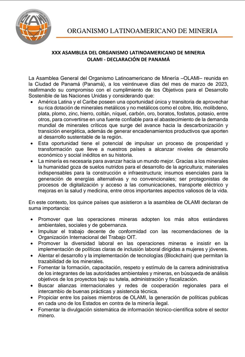 FLBen_Ec's tweet photo. Qué bien expresado!
Desde #OLAMI, en nuestra Declaración de Panamá reforzamos esta realidad en los países de América Latina y el Caribe e incentivamos a concienciar y trabajar juntos hacia estos objetivos bajo una #Mineríaconresponsabilidad que aporte.
@silvitasol @Mineriavital https://t.co/HNYp0Lkg3t
