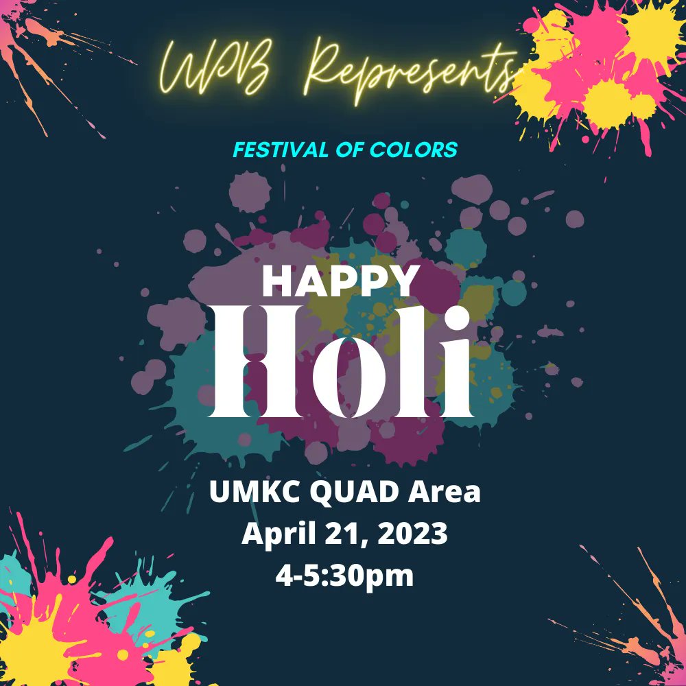 Would you like to celebrate Holi, the festivals of colors, with your friends and peers at UMKC? Come join us on April 21st from 4-5:30pm at UMKC QUAD Area!! All supplies will be provided for you!!! Make sure to wear something comfortable as you will get colorful :)