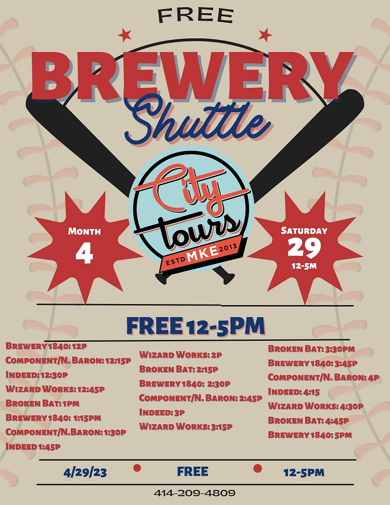 citytoursmke's tweet photo. SATURDAY, APRIL 29, 2023
12 - 5pm, FREE Brewery Shuttle

https://t.co/xuIFOKLU2j

#Milwaukee #CityToursMKE #BarCrawl #tourism #groupactivities #thingstodo #craftbreweries https://t.co/AF9tJrpBBd
