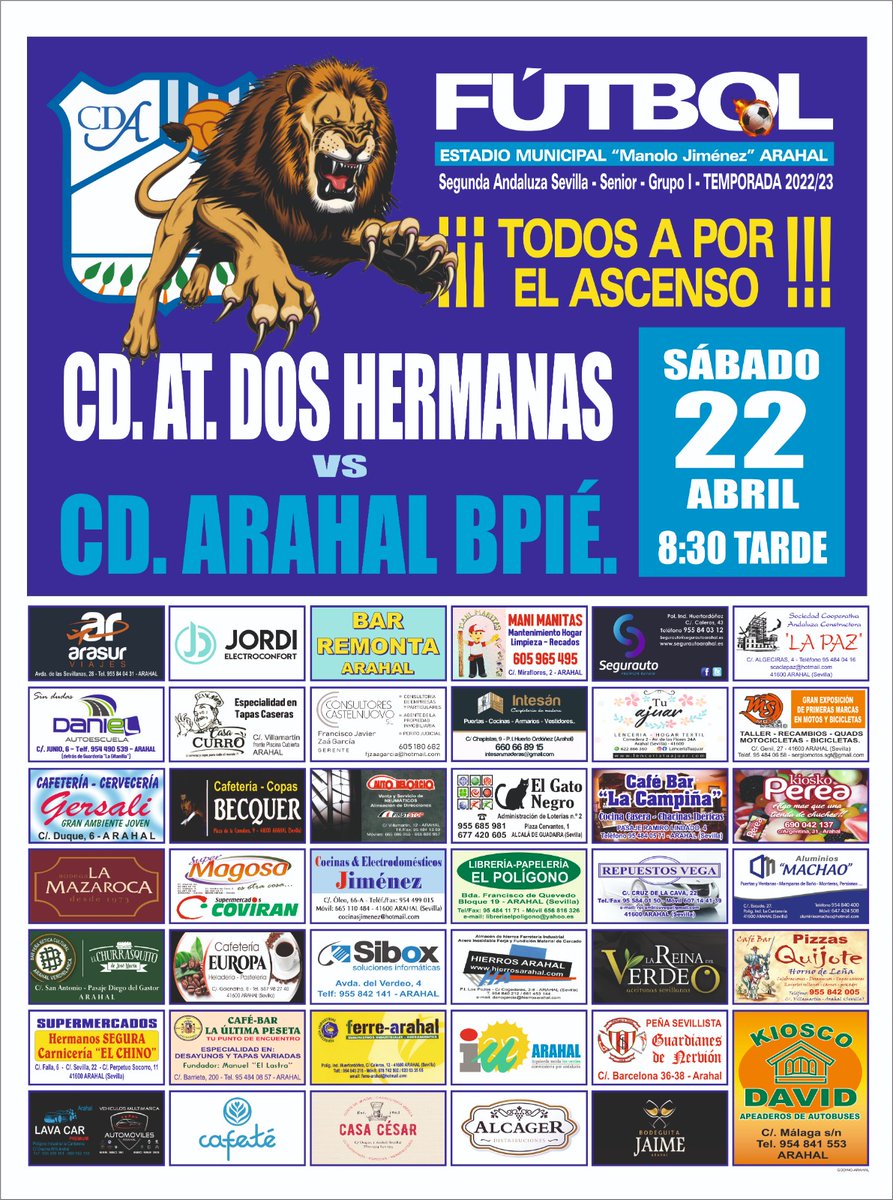 "TODOS A POR EL ASCENSO".
📌 Sábado 22 de Abril.
🕣 20:30 horas
🏟️ Estadio Manolo Jiménez
⚽ <a href="/CDArahalBpie/">C.D. Arahal Balompie</a> 
⚽ @DosHermanas_CF