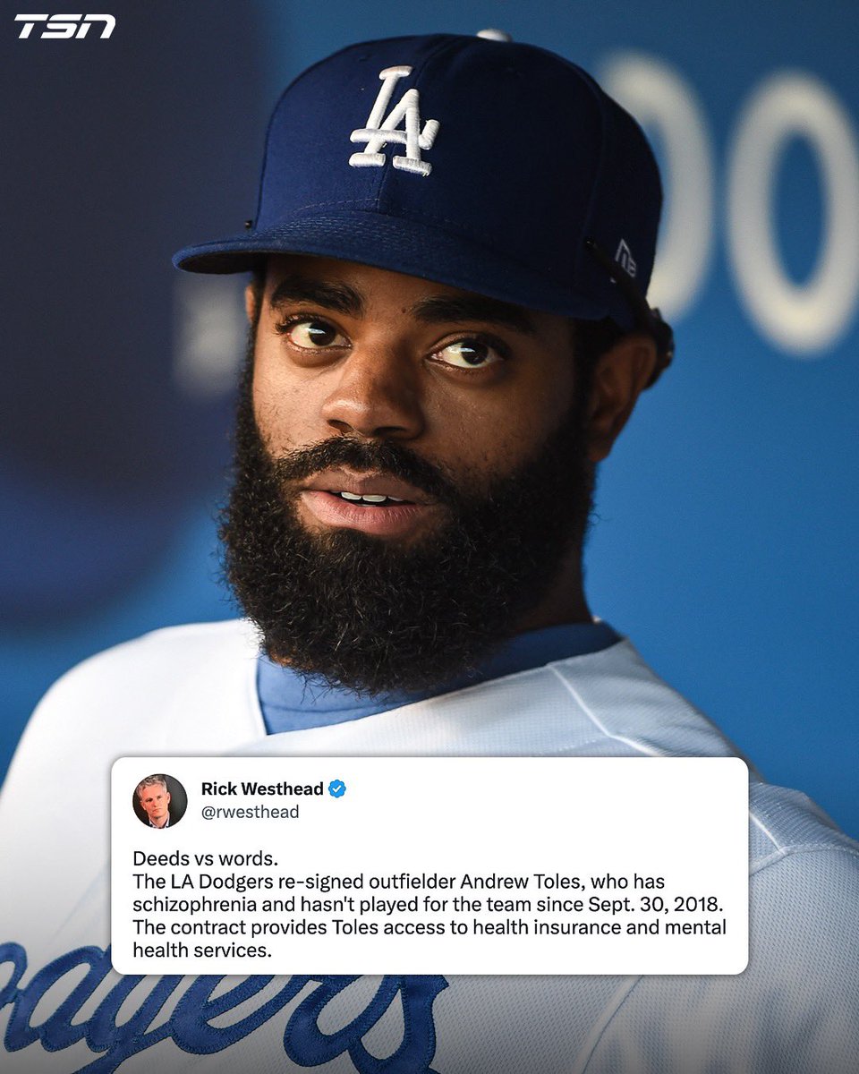 For the 5th consecutive season, the <a href="/Dodgers/">Los Angeles Dodgers</a> have re-signed Andrew Toles to a $0 contract to ensure he has access to the team’s health insurance/mental health services. 💙🤍