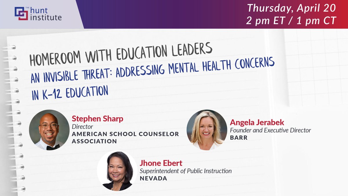 BarrCenter's tweet photo. What are the current mental health concerns in K-12 education? Join The @Hunt_Institute THIS Thursday (4/20) for an #EdHomeroom webinar with @StvSharp, @AngieJerabek, and @NVSupt to discuss! Register here: https://t.co/uekVrXIzpM https://t.co/3WUglDRvaA