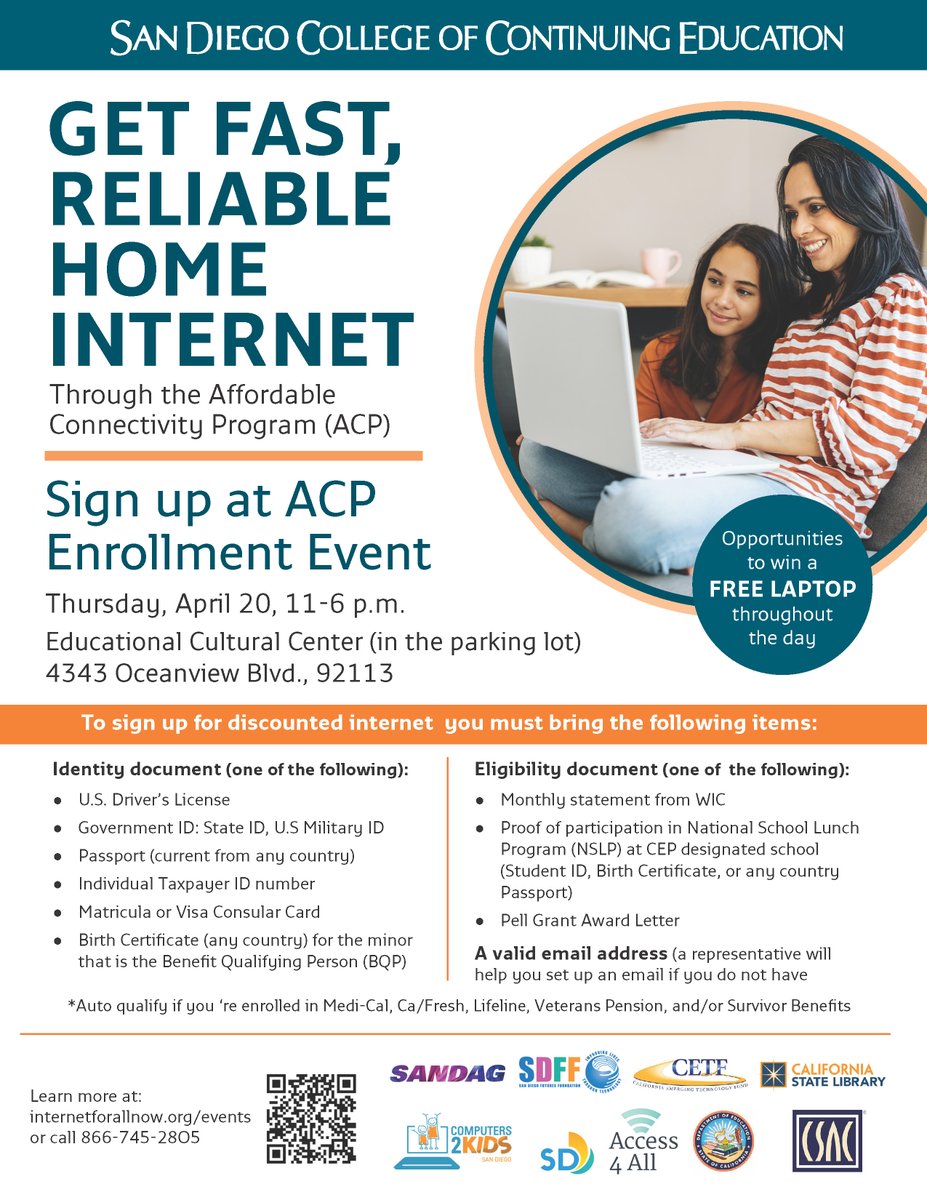 SANDAG's tweet photo. Join us at the @SDCCEEDU Affordable Connectivity Program (ACP) enrollment event on Thursday, April 20 in San Diego! Families in the region may qualify for up to $30/month off home internet and up to $100 off devices. Don't miss out! #GetConnected
More: https://t.co/CX7gyNyqzH https://t.co/zwwD90vXFI