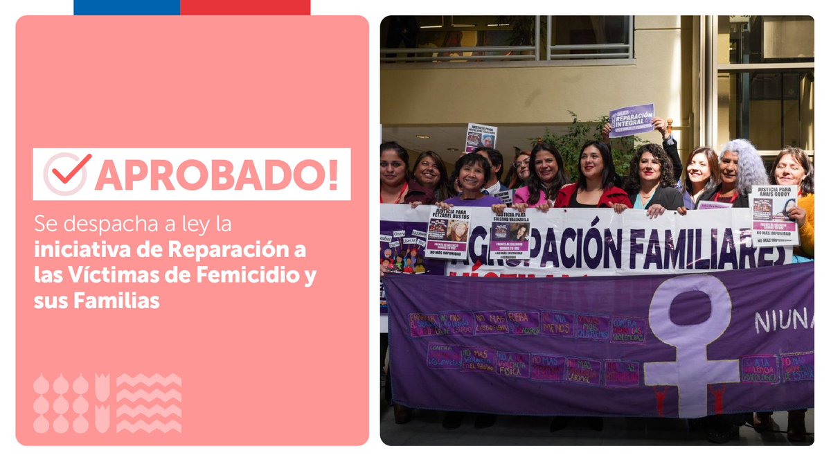 MinMujeryEG's tweet photo. ¡Se despacha a ley! 👏🏻💜 Luego de que la @Camara_cl aprobara esta iniciativa en su tercer trámite, el proyecto de #LeydeReparación a víctimas de femicidio y sus familias queda listo para ser promulgado. https://t.co/PXUGewohHh