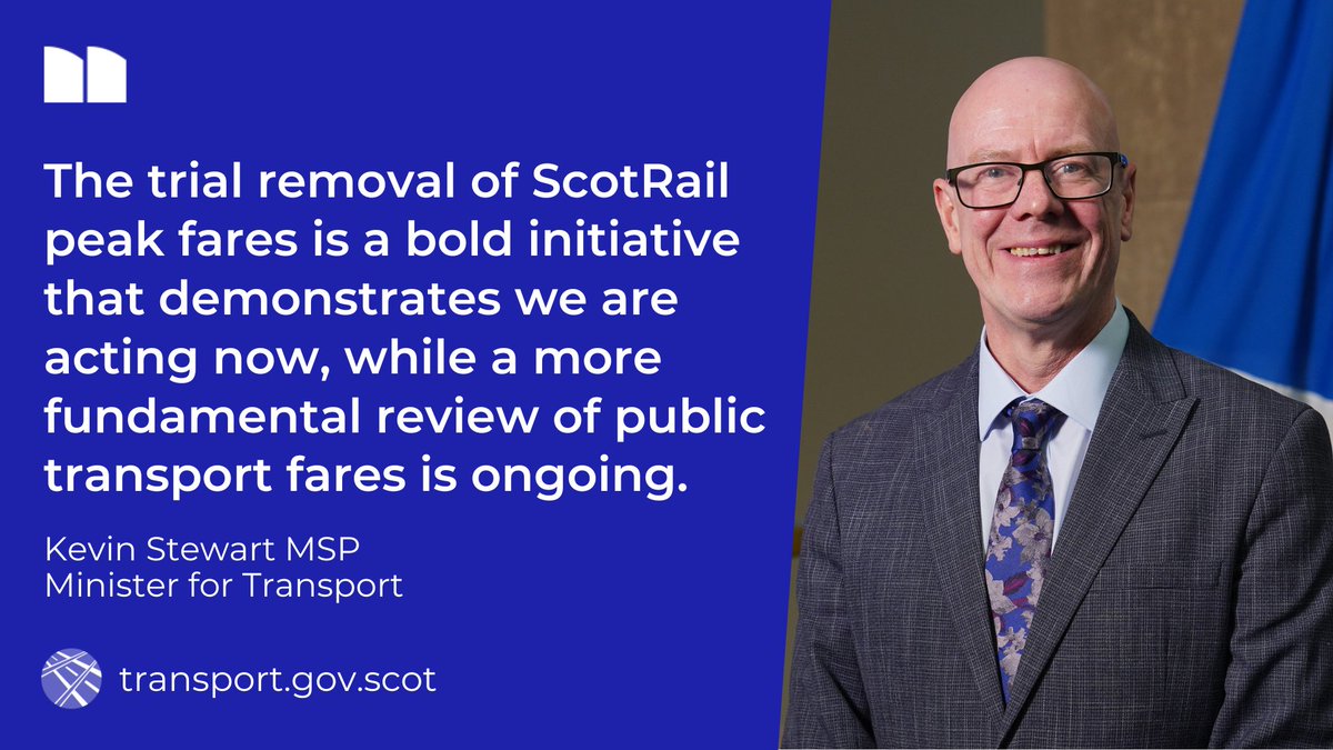 Quote from Minister for Transport Kevin Stewart: "The trial removal of ScotRail peak fares is a bold initiative that demonstrates we are acting now, while a more fundamental review of public transport fares is ongoing."