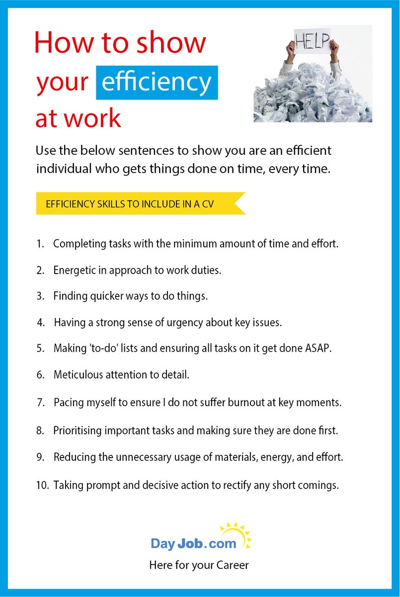 dayjobexperts's tweet image. Use the below sentences in your CV to show you are an efficient individual who gets things done on time, every time.

#efficient #efficientwork #efficientstaff #todolist #efficiency #efficientstrategy #efficientstrategies
#CV #templates #resume #cvtemplates #Job #hiring #Career