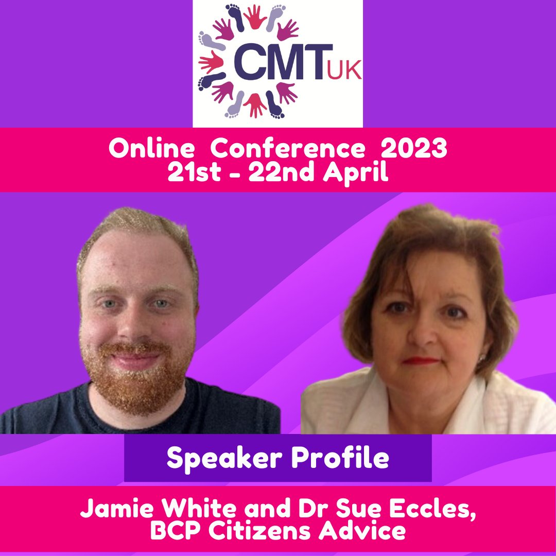 CMTUnitedKdom's tweet photo. Come and join Jamie and Sue from @CitAdviceBCP for their talk on April 22 11.30-12.30.
The presentation will be about the different welfare benefits & how to apply for them.
More info + tickets: https://t.co/r1rxkwE2la #charcotmarietooth #cmt #cmtaware #CMTUKConference2023 https://t.co/H15jibNyBw