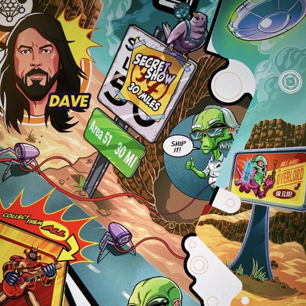 sternpinball's tweet photo. The artwork of @foofighters is simply one-of-a-kind and that’s thanks to @zombieyeti. Here’s what Yeti had to say of the project:

"I’m proud of it all. I loved that we were able to put the band rocking on a flying giant robot fist, getting the Overlord disguised as Gary Stern hidden under the upper flipper, having the overdrive foot peddle insert slightly hidden under the left flipper… just lots of little things that all add up… I also loved making the toy cabinet idea. The idea of mixing all these things together just made for a lot of positive momentum throughout. One good idea snowballs if you do it right!