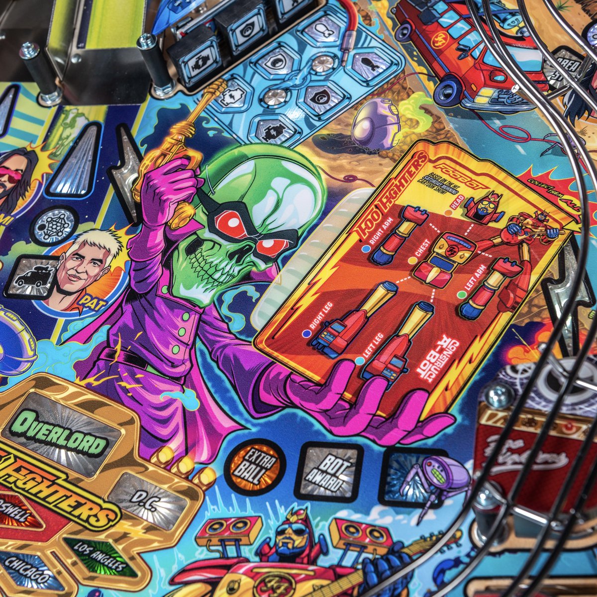 sternpinball's tweet photo. The artwork of @foofighters is simply one-of-a-kind and that’s thanks to @zombieyeti. Here’s what Yeti had to say of the project:

"I’m proud of it all. I loved that we were able to put the band rocking on a flying giant robot fist, getting the Overlord disguised as Gary Stern hidden under the upper flipper, having the overdrive foot peddle insert slightly hidden under the left flipper… just lots of little things that all add up… I also loved making the toy cabinet idea. The idea of mixing all these things together just made for a lot of positive momentum throughout. One good idea snowballs if you do it right!