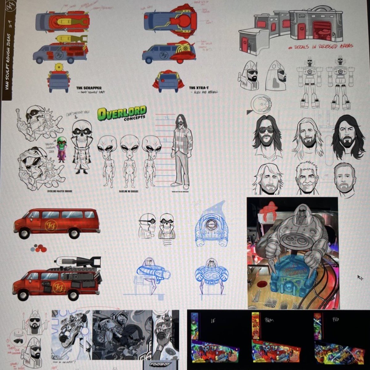 sternpinball's tweet photo. The artwork of @foofighters is simply one-of-a-kind and that’s thanks to @zombieyeti. Here’s what Yeti had to say of the project:

"I’m proud of it all. I loved that we were able to put the band rocking on a flying giant robot fist, getting the Overlord disguised as Gary Stern hidden under the upper flipper, having the overdrive foot peddle insert slightly hidden under the left flipper… just lots of little things that all add up… I also loved making the toy cabinet idea. The idea of mixing all these things together just made for a lot of positive momentum throughout. One good idea snowballs if you do it right!