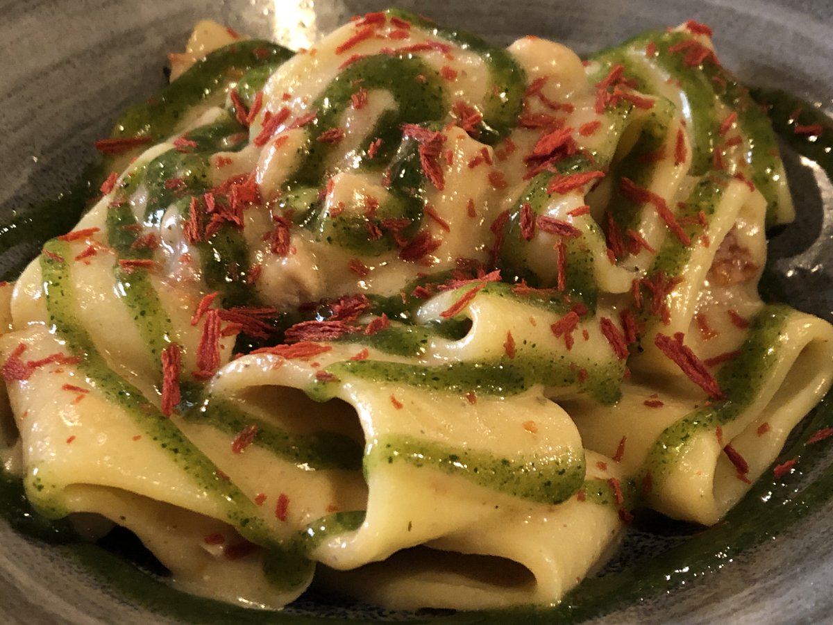 marcociofalo's tweet photo. Mezzo #pacchero su #crema di #melanzane, #pescespada, #pomodorino secco e #menta https://t.co/622079E467