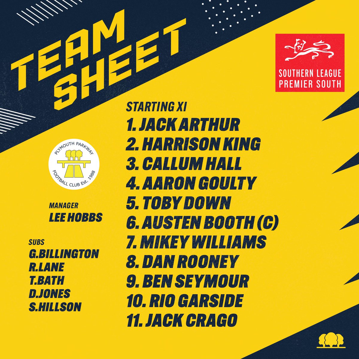 PlymouthPFC's tweet photo. THE PARKWAY 11 | 🟡 

The Manager makes 2 personnel changes from Saturday…

Dan Rooney starts in place of Ryan Lane who’s not fully fit 

Jack Crago comes in for Tom Bath

U18’s player Dylan Jones comes into the matchday squad

#PARWIN

#ppfc

@swsportsnews https://t.co/j4APA9B8Cu