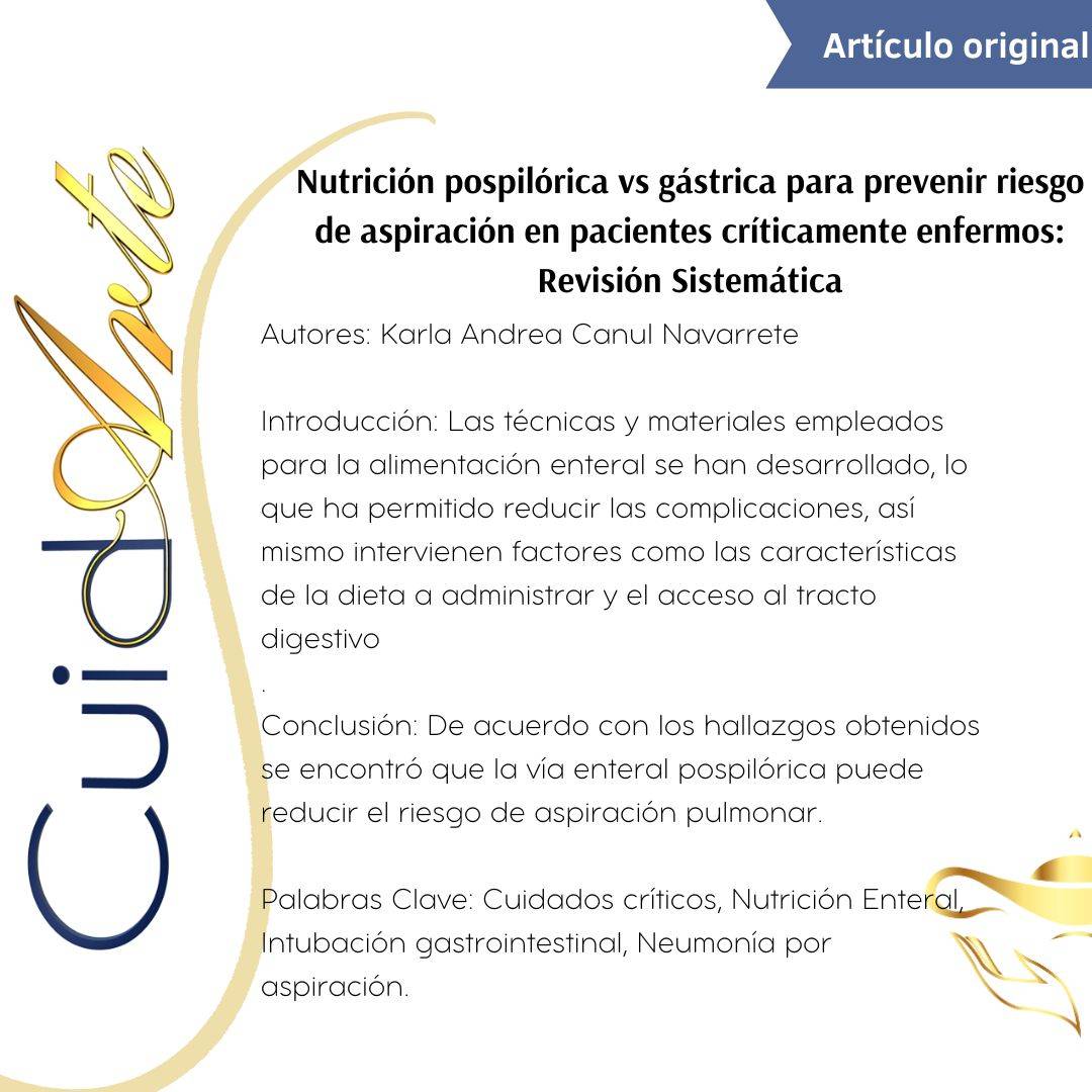 RevistaCuidArte's tweet photo. Conoce los Artículos de la #RevistaCuidArte. Esta semana te recomendamos el artículo “Nutrición pospilórica vs gástrica para prevenir riesgo de aspiración en pacientes críticamente enfermos: Revisión Sistemática” Escrito por Karla Andrea Canul Navarrete https://t.co/HD3yn1ZDVL https://t.co/WkjIJCStsf