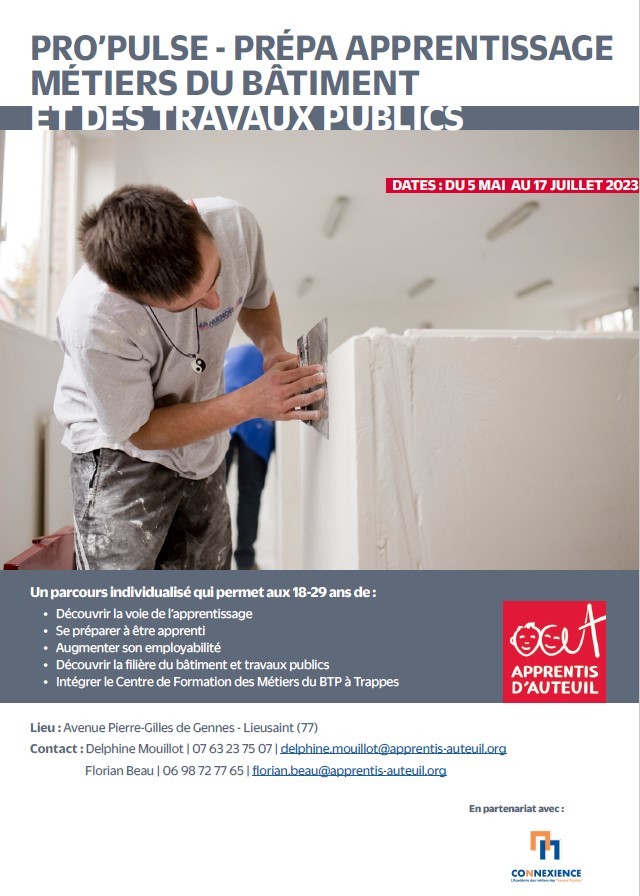 connexience's tweet photo. 🚨 il reste des places pour le Pro'Pulse spécial #TravauxPublics ! Objectif: sécuriser son entrée en #apprentissage avec 12 semaines d'accompagnement renforcé et découverte #métiers en conditions de chantier en partenariat avec les @AAuteuil ! Interessé.e ? Contactez-nous ! ⬇️ https://t.co/gHASiE4YlD