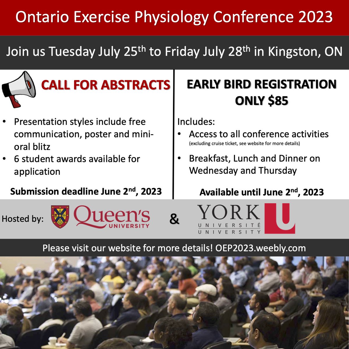 StaceForbes's tweet photo. 📢📢The 2023 Ontario Exercise Physiology Conference call for abstracts is out!!! 📢📢

Please share to help promote this year's conference brought to you by Queen's and York Universities. 

... I've heard its going to be AWESOME! 

#ontario #exercise #physiology  #OEP2023 https://t.co/JaGilXR8OT