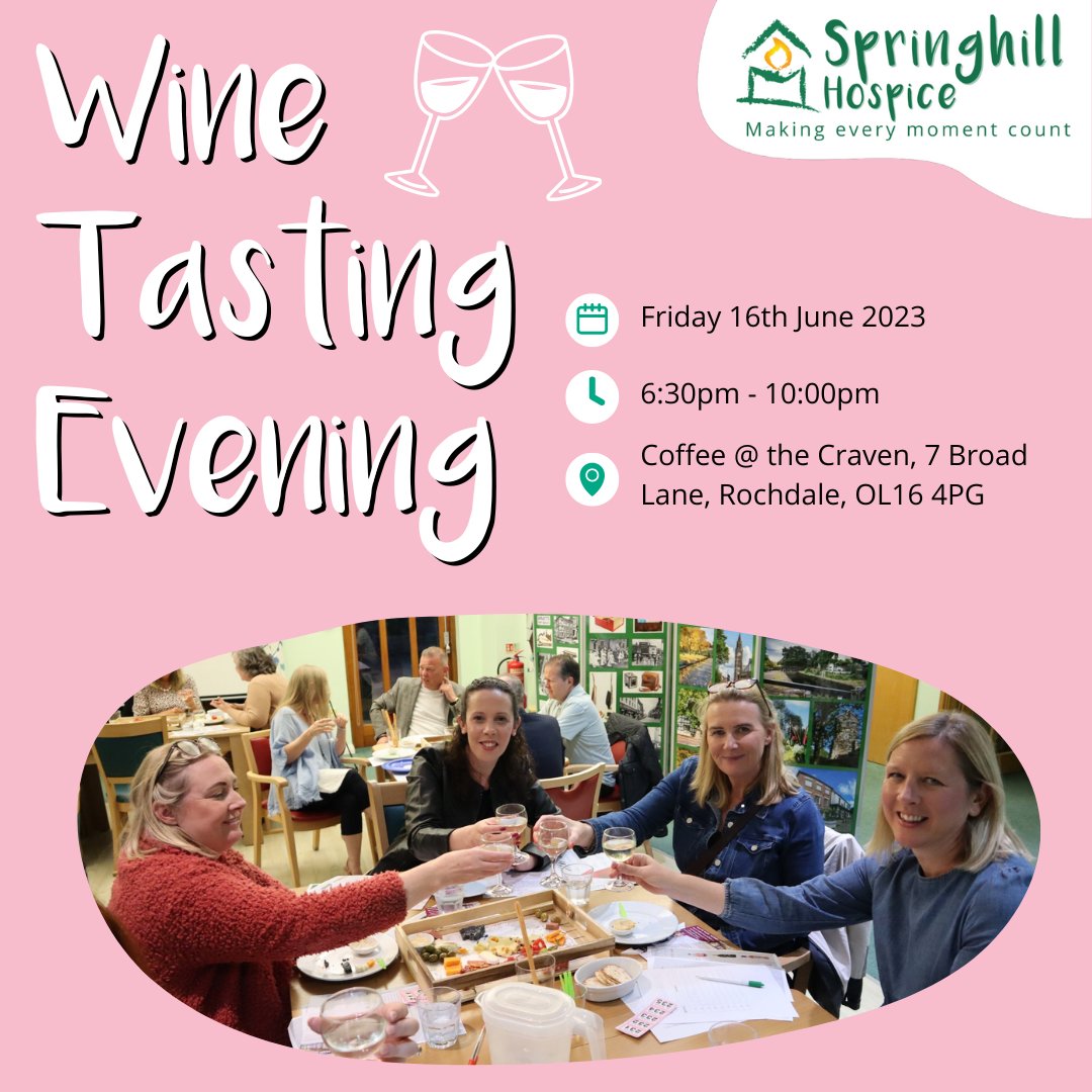 Are you in need of an evening of great drinks and fantastic company? 🤩 Grab your pals and join Springhill Hospice for our Wine Tasting Evening on Friday 16th June 2023! 🍷 If you want to join Springhill Hospice for a delightful evening, register at bit.ly/402XQBN