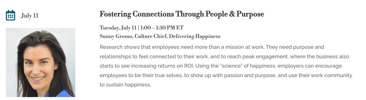 Have plans on 7/11 at 1PM ET? Join Sunny Grosso and @joinmentera for a Care Chat on the topic of "Fostering Connections Through People &amp; Purpose." Register for free today to reserve your spot: bit.ly/3opxInx

#DeliveringHappiness #WorkplaceHappiness #Connection