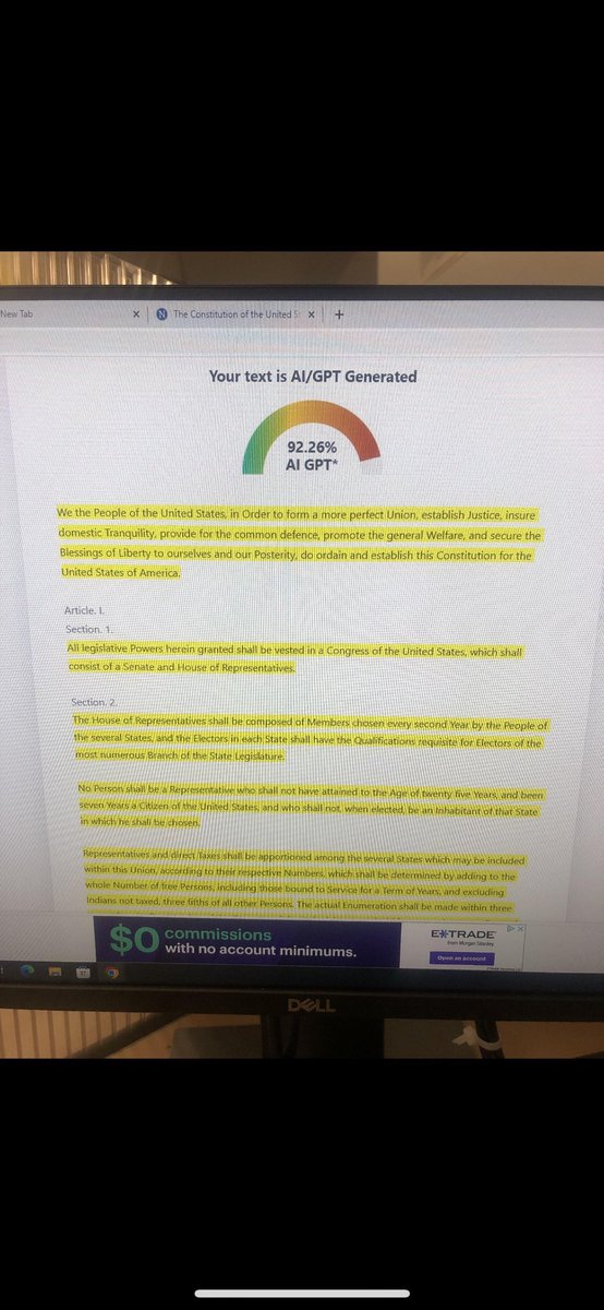 williamlegate's tweet photo. According to a ChatGPT detector, 92.26% of the United States Constitution was written by AI 😳🤔 https://t.co/GkmU6HXONn