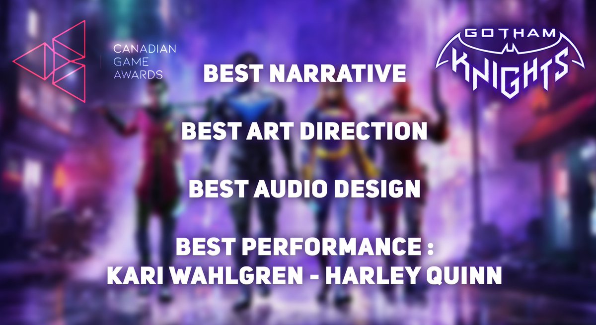 WBGamesMTL's tweet photo. Les @cgameawards, c'est dans trois jours, et nous avons été nominé.e.s dans 4 catégories!  
Encore bravo à tout l'équipe de #GothamKnights et à @KariWahlgren pour son interprétation de Harley Quinn! 🎉! 
On se retrouve dans deux jours pour les résultats 🏆 https://t.co/PulVNpnq5F