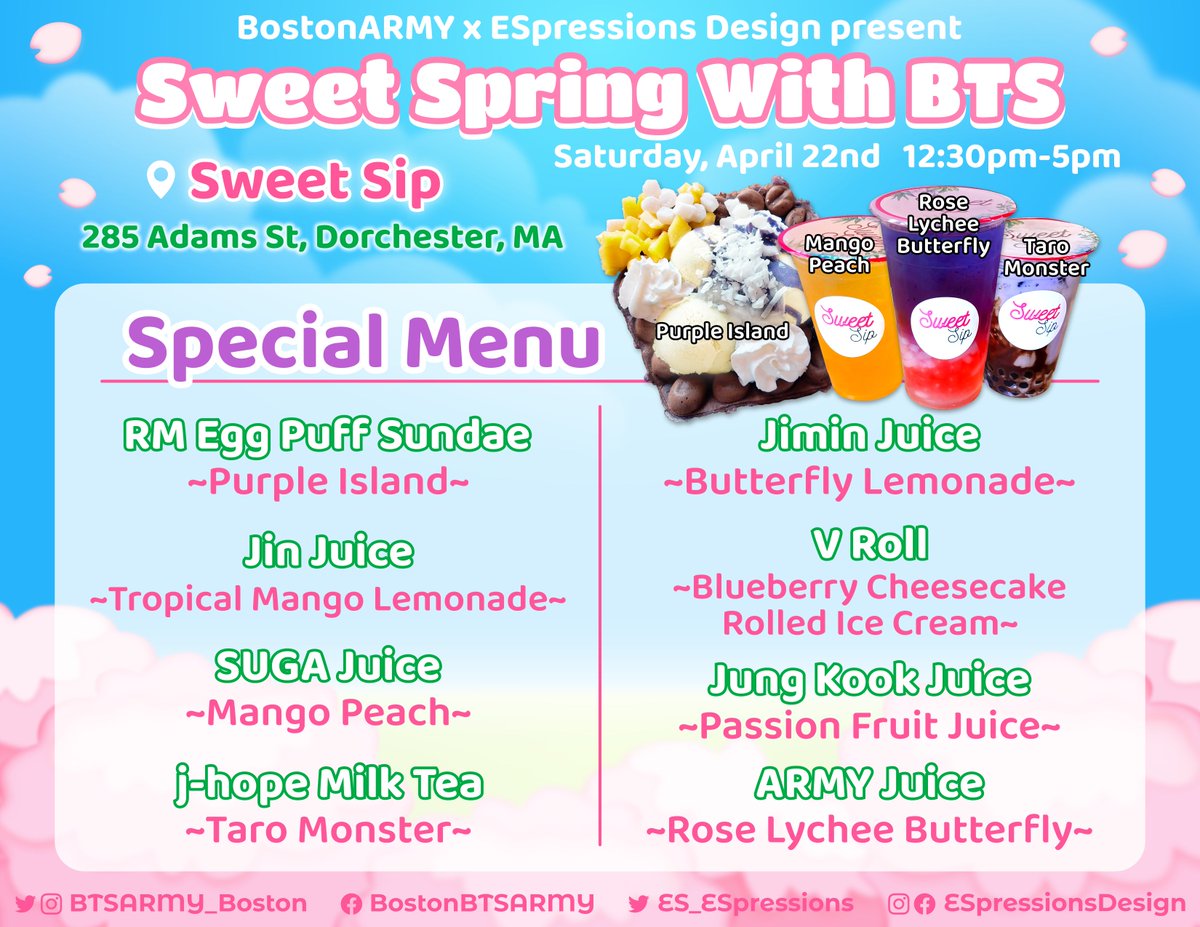 BTSARMY_Boston's tweet photo. #SweetSpringWithBTS 🌸 Special Menu 🧋🧇

Sweet Sip Boston has 8 special items for our Spring cupsleeve event with @ES_ESpressions

The cafe has a wide variety of waffles, ice cream rolls &amp; drinks to choose from!

Any drink/food purchase gets you a free cupsleeve &amp; goodie bag 🛍 https://t.co/K5dNF7G0RN