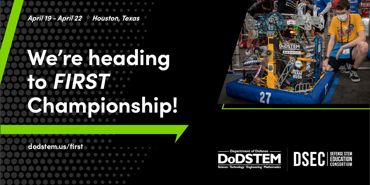 DoW_STEM's tweet photo. DoD STEM is proud to support @FIRSTweets as part of our commitment to inspiring and developing the next generation of STEM leaders and innovators. We're heading to #FIRSTChamp to celebrate all the FIRST teams' accomplishments this season! https://t.co/8BZaoP69MX