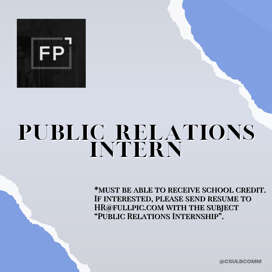 commcsulb's tweet photo. Internship available! 📢 Full Picture PR is looking for a Public Relations Intern to join there team. 

Apply today: https://t.co/8ZuvVu0mc7 

Internships are one of the best ways to gain experience before landing a full-time career and/or after college. 👏 

#CSULBCOMM #PRIntern https://t.co/M8hZGrmat3