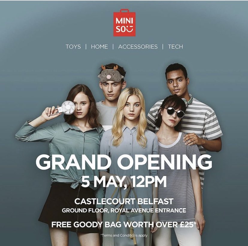 RetailBelfast's tweet photo. As we revealed in March, Miniso will be opening their first N.Ireland store - now confirmed at 12 noon on 5 May (in @CastleCourt). 

#Retail #Belfast #Castlecourt #NewToBelfast #Miniso #NorthernIreland #Shopping https://t.co/Ca1jOnxrtW