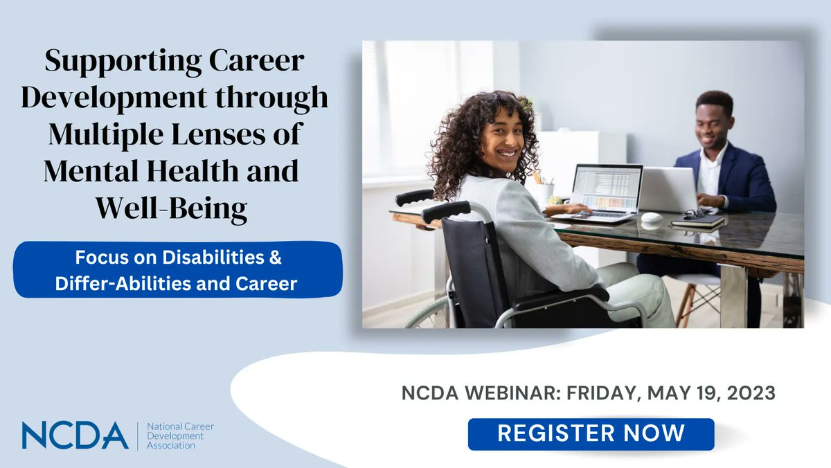 ncdaCareer's tweet photo. The Next NCDA Webinar: Supporting #CareerDevelopment through Multiple Lenses of #MentalHealth and Well-Being on Friday, May 19, 2023 at 11:00 AM – 12:00 PM (EST). This webinar begins a series focused on the importance of overall mental health &amp; well-being.
https://t.co/u5o5SllbFW https://t.co/MNooYRiVDQ