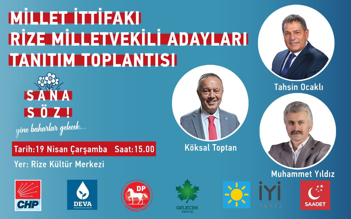 Hayde Rize!
Millet İttifakı Milletvekili Aday Tanıtım Toplantısına tüm hemşehrilerimiz davetlidir.

#SanaSöz #Rize hep birlikte başaracağız, birleşe birleşe kazanacağız!